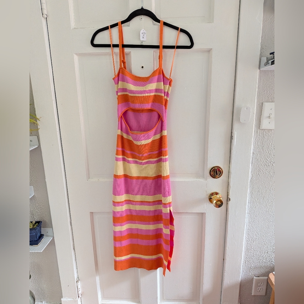 Mable Knit Midi Dress Orange Pink Stripe Cutout Bodycon Adjustable Strap M - Picture 3 of 6